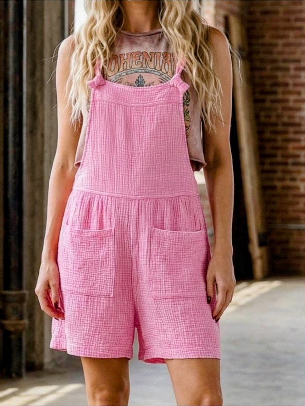 Zenana Outfitters Candy Pink Cotton Gauze Romper Short Overalls